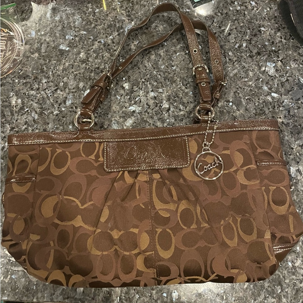 Coach Brown and Tan Signature Shoulder Bag